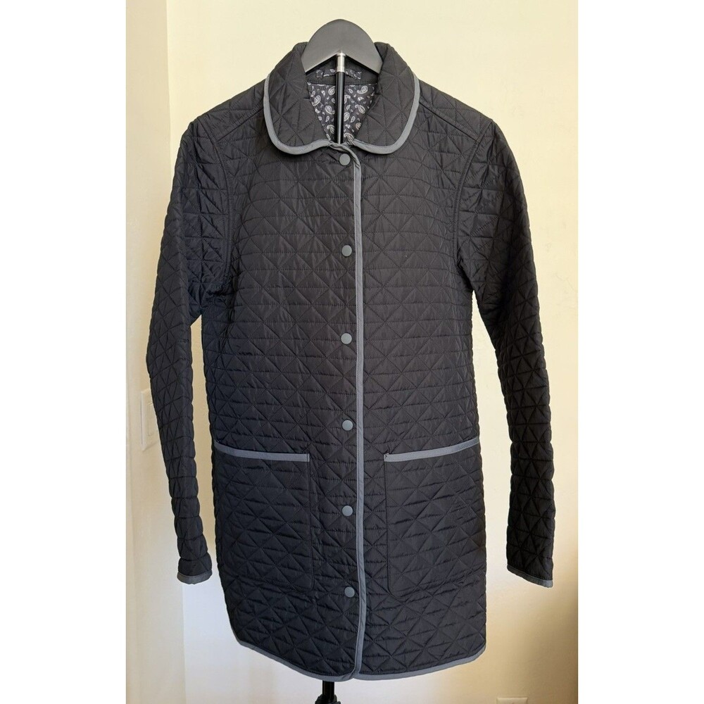 Lands' End Quilted Reversible Barn Jacket Black Grey Paisley Medium 10-12 EUC